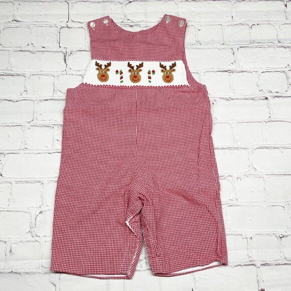 Anavini Smocked Reindeer Faces Shortall 3 mos Red Gingham Plaid - Picture 2 of 8